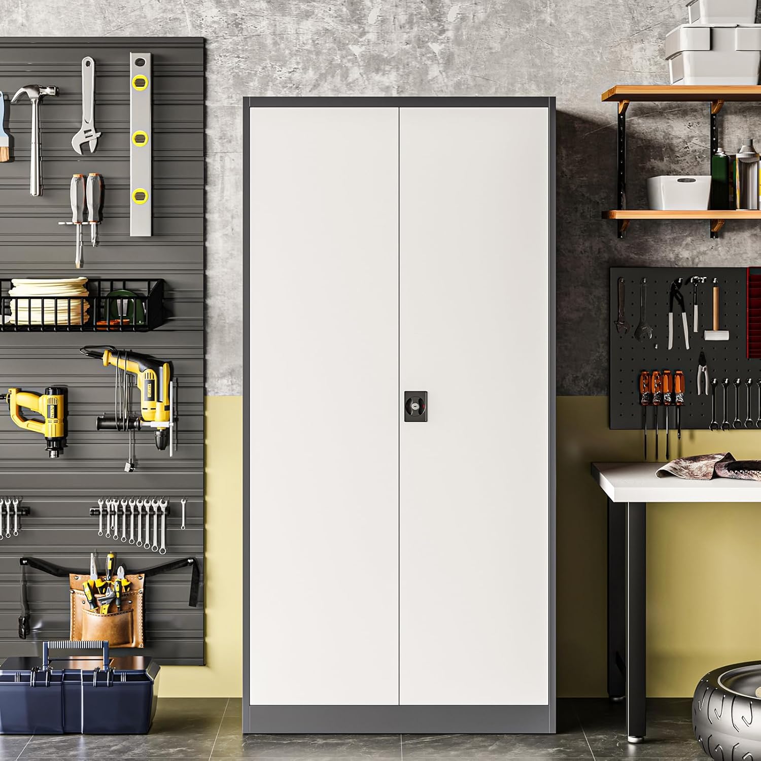 Metal Storage Cabinet with 2 Doors and 4 Adjustable Shelves, 71" Steel Garage Storage Cabinet, Locking Tool Cabinets for Office, Home,School,Kitchen,Garage Tool Utility Cabinet