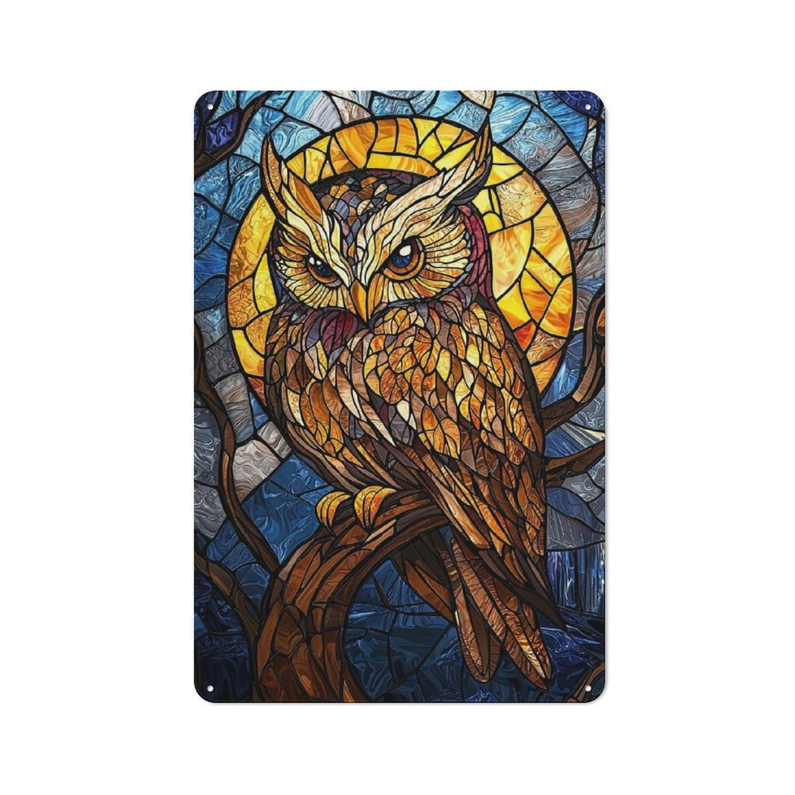Junmoney Stained Glass Owl 30X20cm Retro Metal Plaque With For Garage Or Workshop, Housewarming Present For People Styling Garage And Workshop