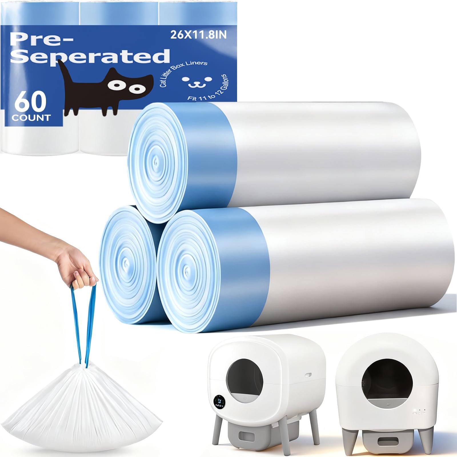 60 Count Cat Litter Bags Liner Compatible with CATLINK, Pet Supplies Self-Cleaning Cat Litter Box Replacement Liners Tash Bags with Drawstring Heavy Duty -26" x 15"