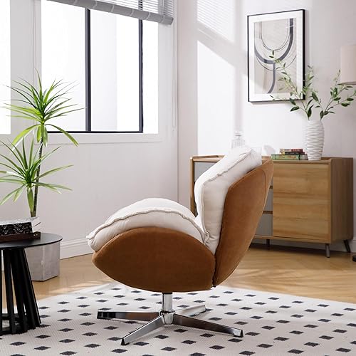 Miniatura 6 de Silla giratoria de acento tapizada de chenilla, moderna silla de sala de estar con respaldo, base de metal de 360 grados, silla de lectura sin