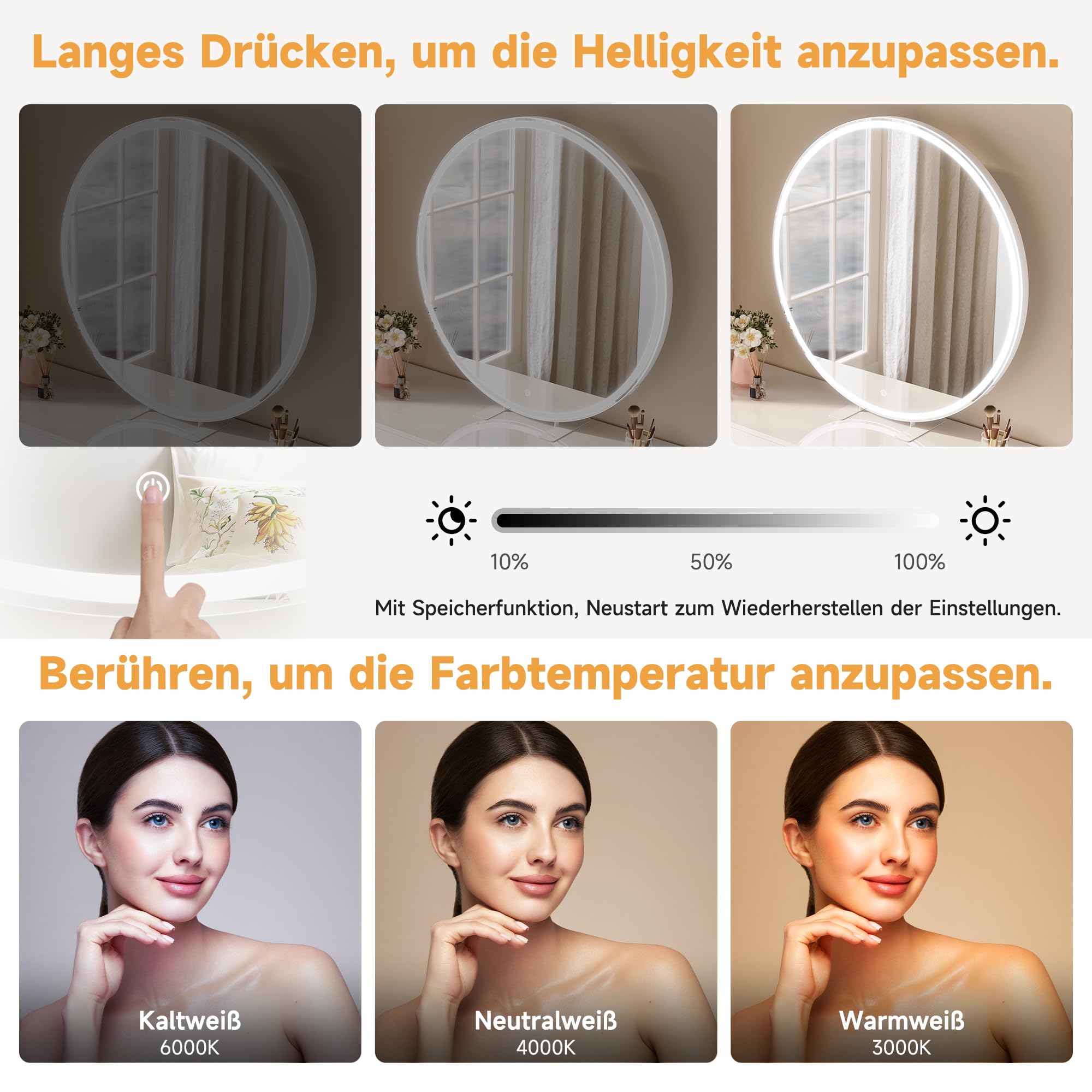 Schminkspiegel mit Beleuchtung Runder 80cm, LED Tischspiegel mit 3 Farbe modi dimmbar, Kosmetikspiegel mit Touchschalter und Steckdose, Abnehmbarer Standfuß, Wandmontage oder Tisch montiert