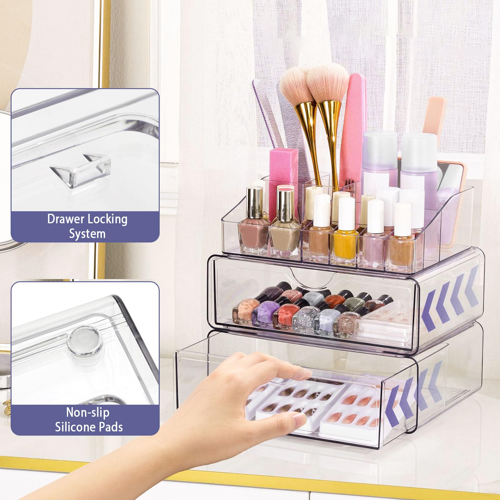 Porta Trucchi Organizer 3 Piani, Organizzatore Trucchi Trasparente In Acrilico, Make Up Organizer per Profumi, per Toeletta, Bagno e Camera da Letto(Con 12 cuscinetti antiscivolo)