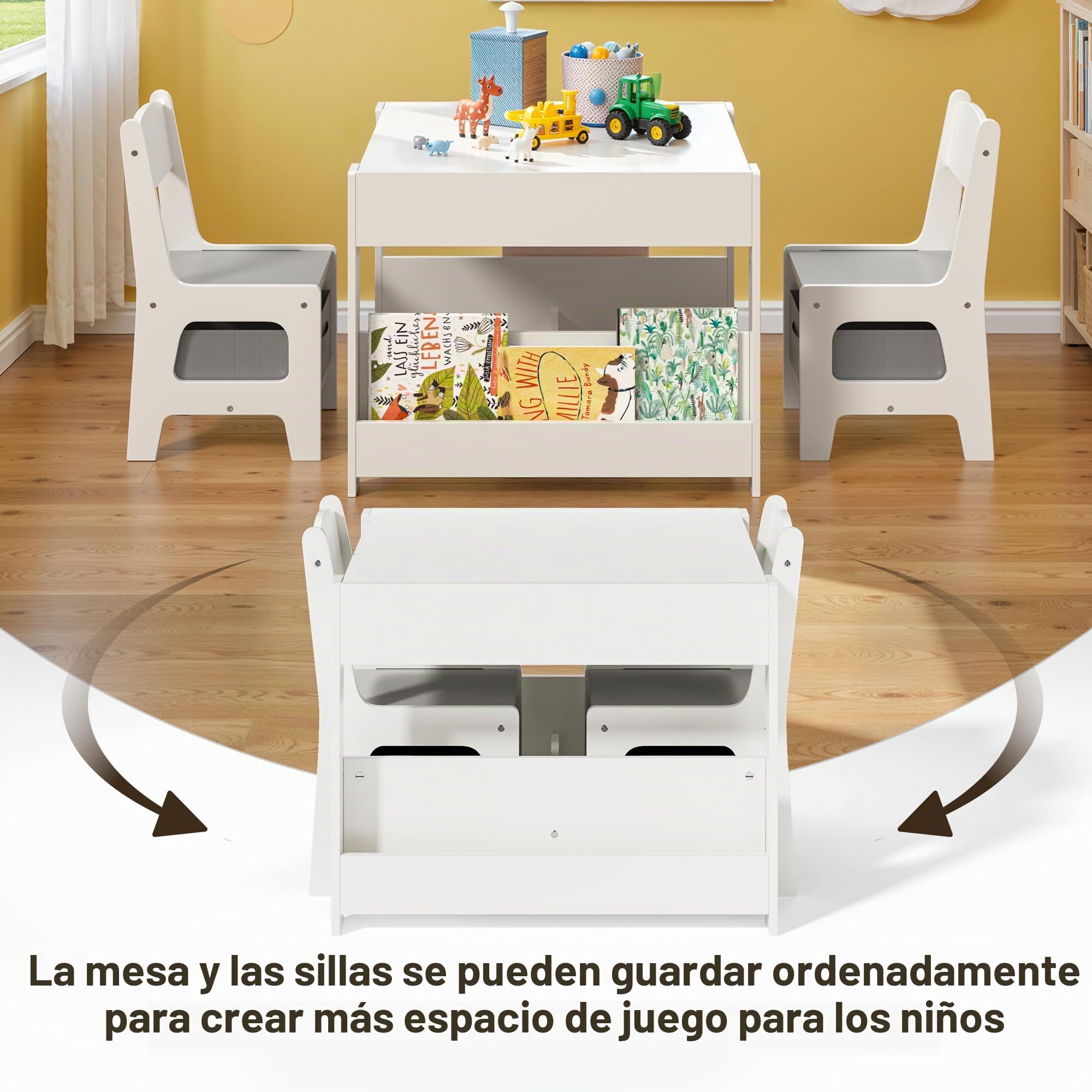 Xbro Mesa y Sillas Infantiles, Mesa con Pizarra y 2 Sillas, Niños Mesa con Reversible, Set de Muebles Infantil, Gris.
