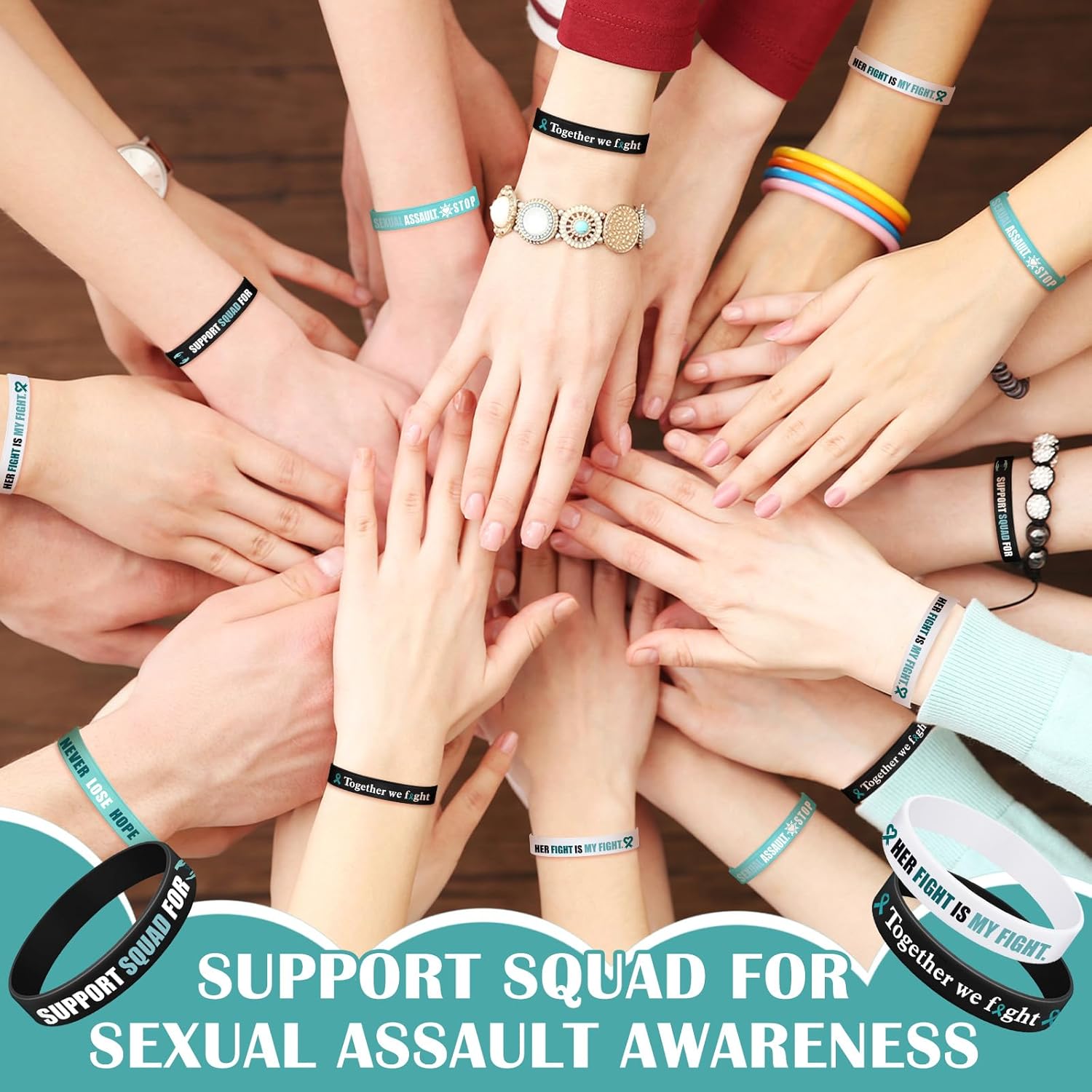 Sotiff 300 Pcs Sexual Assault Awareness Bracelet Teal Ribbon Sexual Assault Awareness Accessories Bracelets Bulk Rubber Wristband for Women Office Public Social Charity Welfare Event