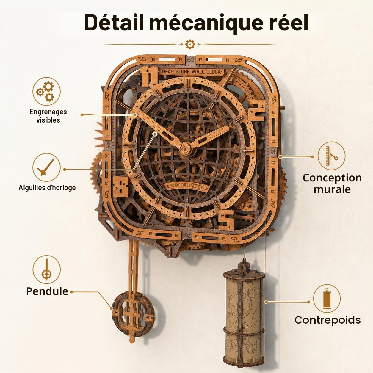 WOODEN.CITY Puzzle en bois 3D – Horloge murale en forme de globe | Kit de construction en bois pour adultes | 369 pièces | Horloge mécanique puzzle 3D | Pas de colle nécessaire | Fabriqué dans l'UE