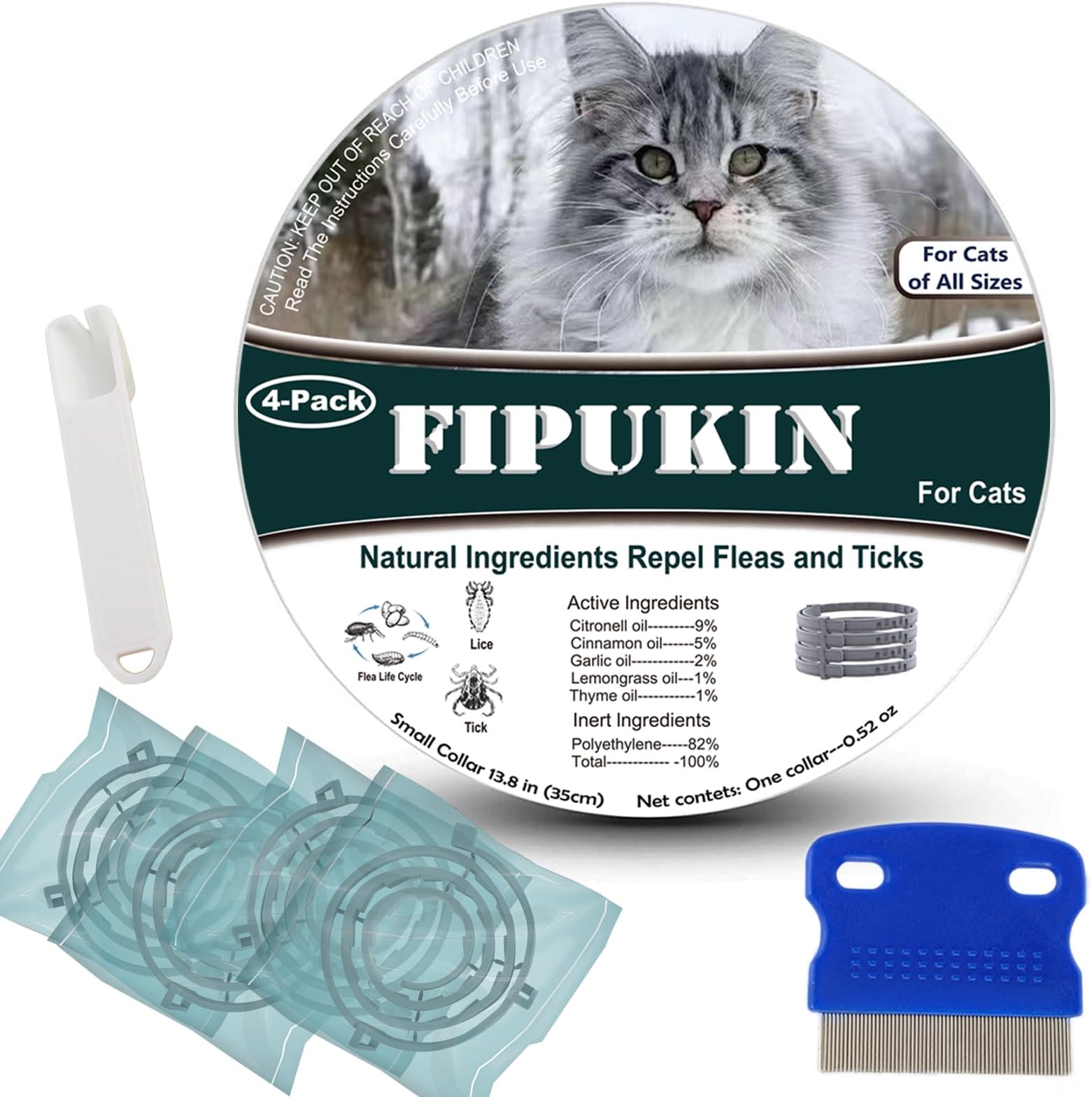 Flea and Tick Collar for Cats, 4‑Pack | Value Pack at $8.50 per Collar, 8‑Month Waterproof Protection | Includes Comb & Tick Removal Tool, Ideal for Multi‑Cat Homes
