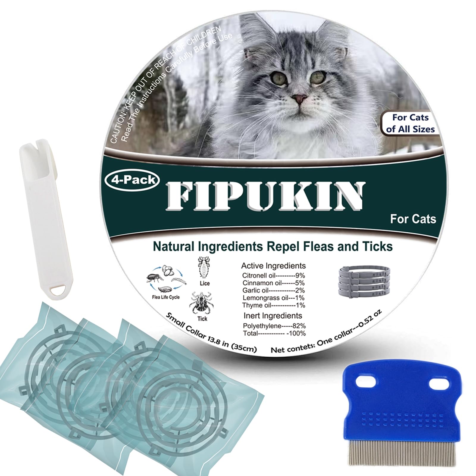 Flea and Tick Collar for Cats, 4‑Pack | Value Pack at $8.50 per Collar, 8‑Month Waterproof Protection | Includes Comb & Tick Removal Tool, Ideal for Multi‑Cat Homes