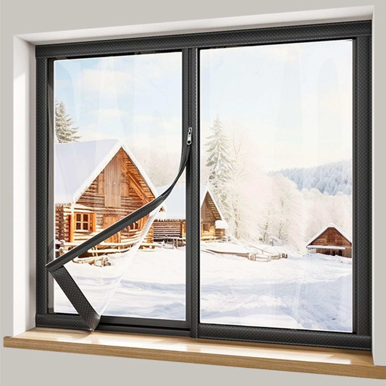 Transparente Winddichte Thermovorhang mit Reißverschluss, Winterversiegelte Selbstklebende Thermovorhänge, Robust Und Verschleißfest(Black,110cmX150cm)