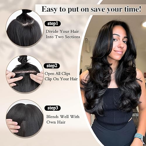 Miniatura 7 de Extensiones de cabello para mujer, 20 pulgadas, color negro, largo en capas, con clip, sintético, resistente al calor, uso diario