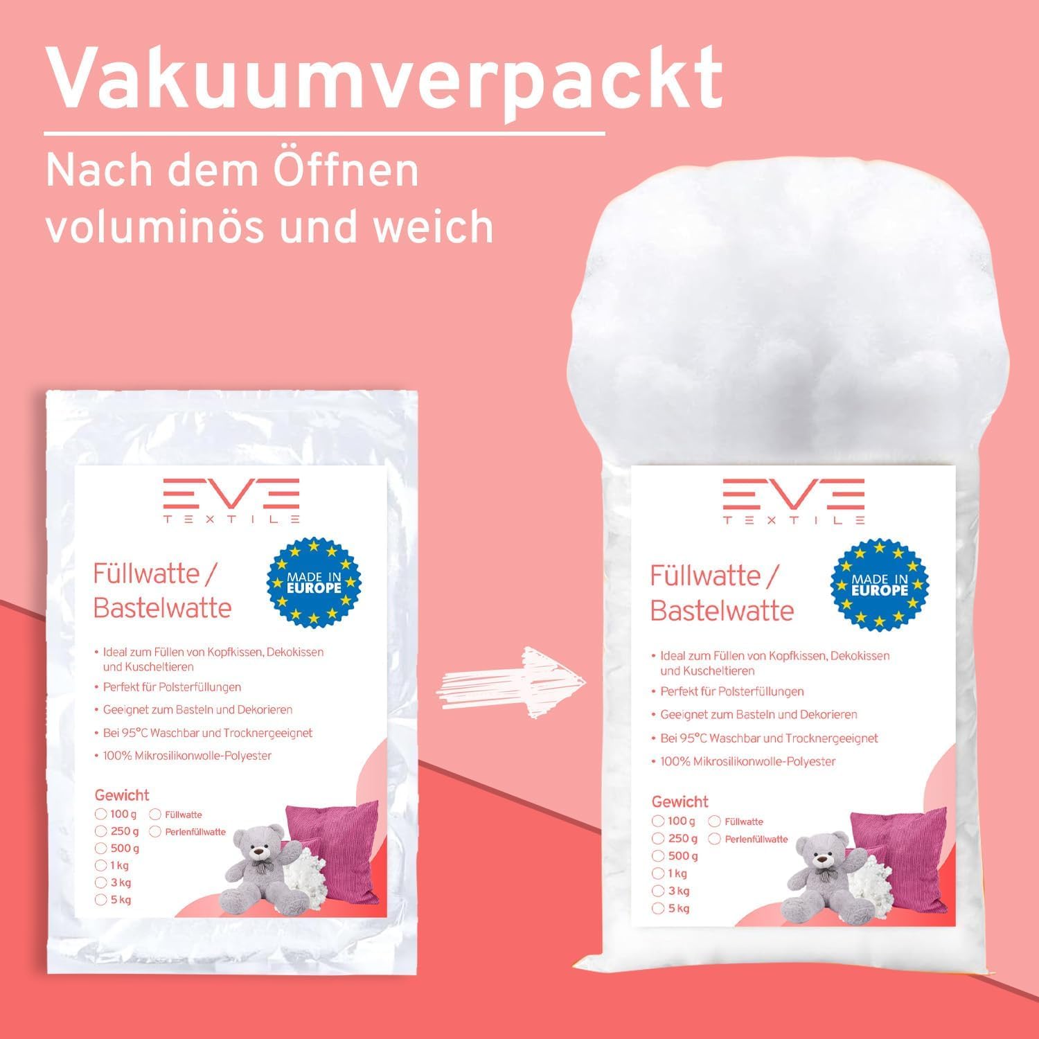 EVE Textile® Ovatta per Imbottitura Cuscini, Materiale Morbido e Igienico per Farcitura, Riempimento Peluche, Stoffe, Giocattoli - Certificato Öko-Tex 100 (Ovatta, 4 kg)