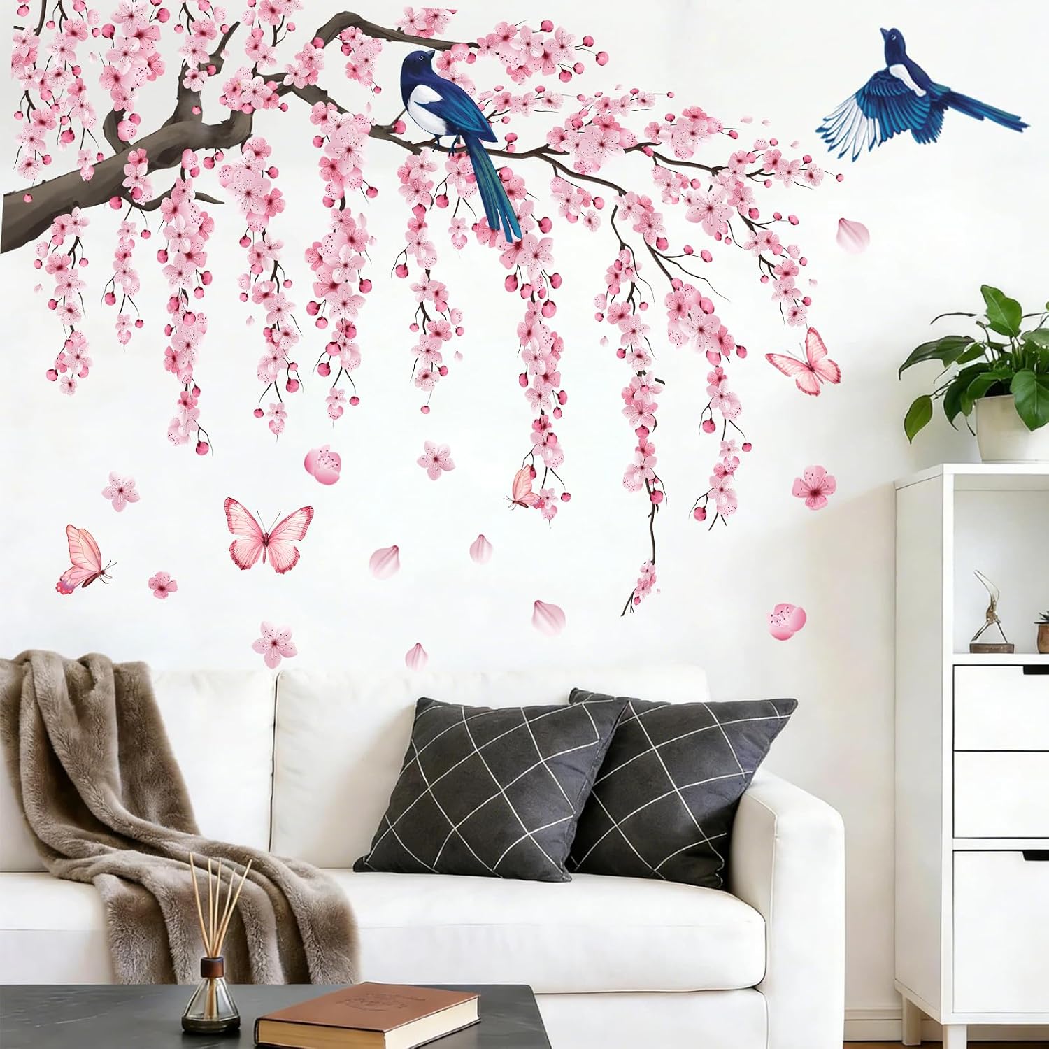 Cherry Blossom Wall Decals Stickers - Tree Floral Birds Wall Stickers Spring Pink Peel and Stick Wall Murals Decor for Living Room Bedroom image 5