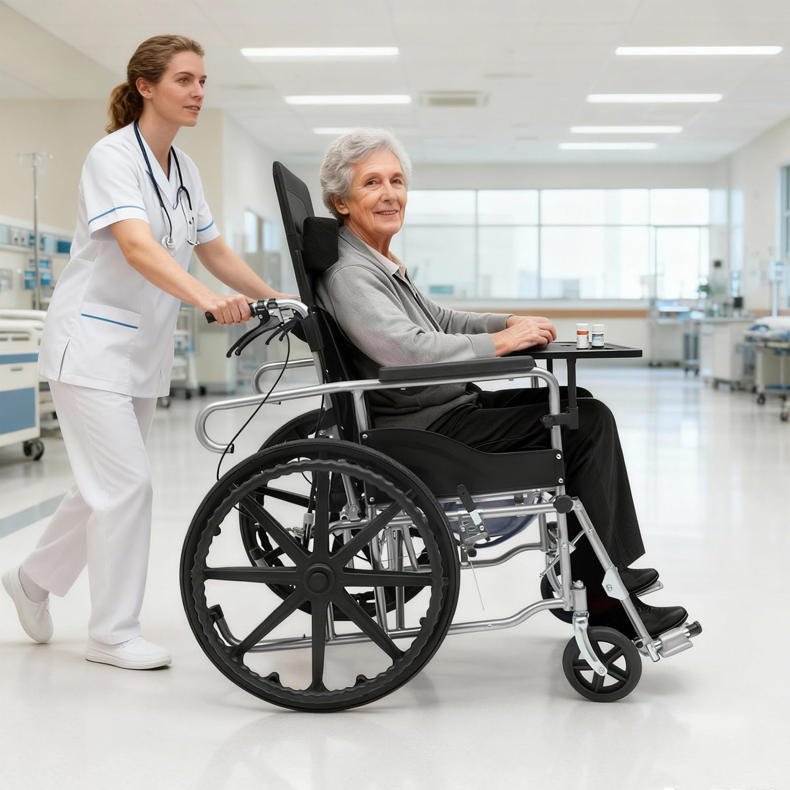 Silla de ruedas reclinable con respaldo de 90 – 180 ° y altura ajustable 89 – 121 cm, silla de ruedas de transporte de hasta 100 kg con protección antivuelco y rueda de freno, silla de ruedas