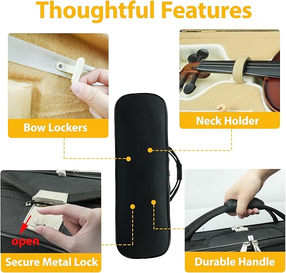 4/4 Full Size Violin Case, Lightweight Portable Carrying Bag, Oblong Professional Hard Case with Shoulder Straps, Plush Lining for Students & Players, Black & Beige