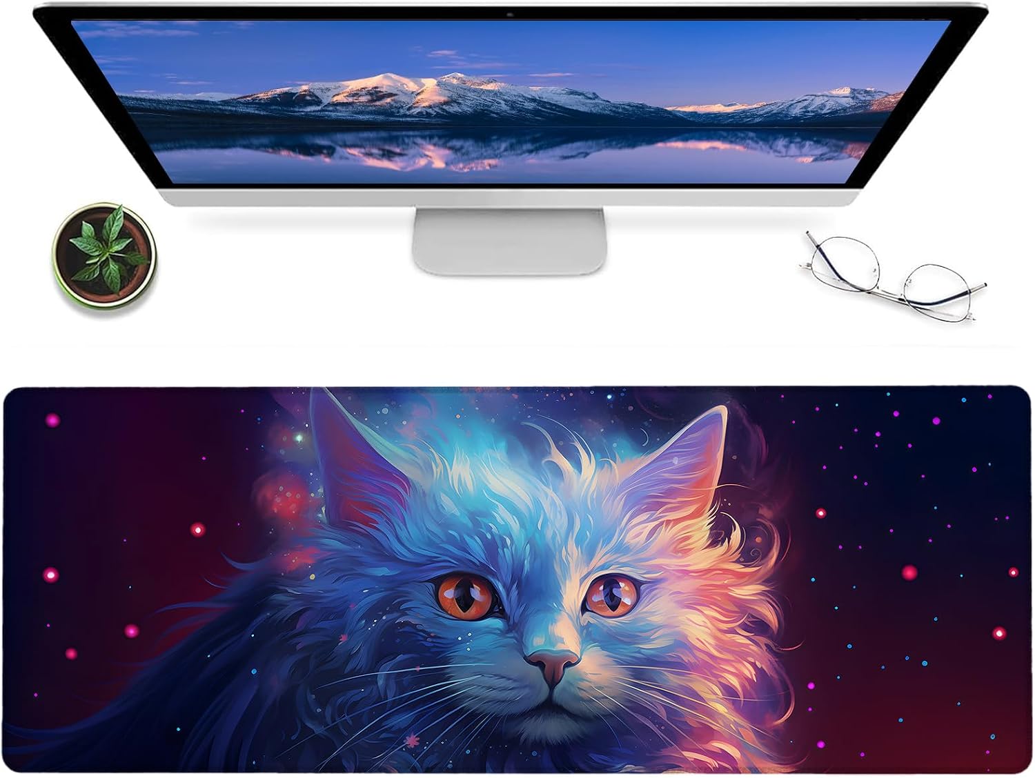Cute Cat Gaming Mouse Pad,12x31.5in Non-Slip Rubber Kitten Desk Mat,Large Extended Mousepad for Office Home Laptop,Mice Pads Gifts,Game Lover Deskmat Decor (Blue)