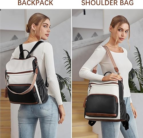 Miniatura 2 de BOSTANTEN Leather Laptop Backpack for Women Designer Travel Backpack with Laptop Compartment Ladies Computer Shoulder Bags Black＆Beige＆Brown