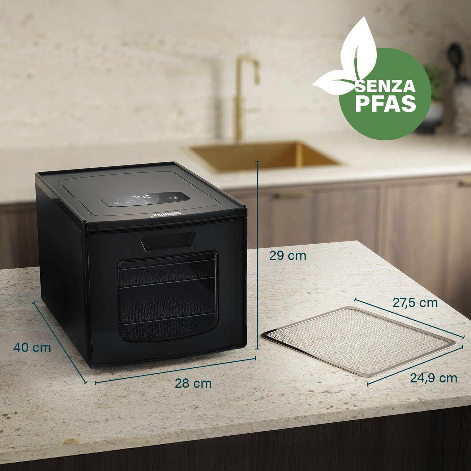 Princess Food Dehydrator con 6 Vassoi in Acciaio Inox, Temperatura Regolabile, Display Touch, Timer fino a 48 Ore, 550 W, 01.112398.01.001