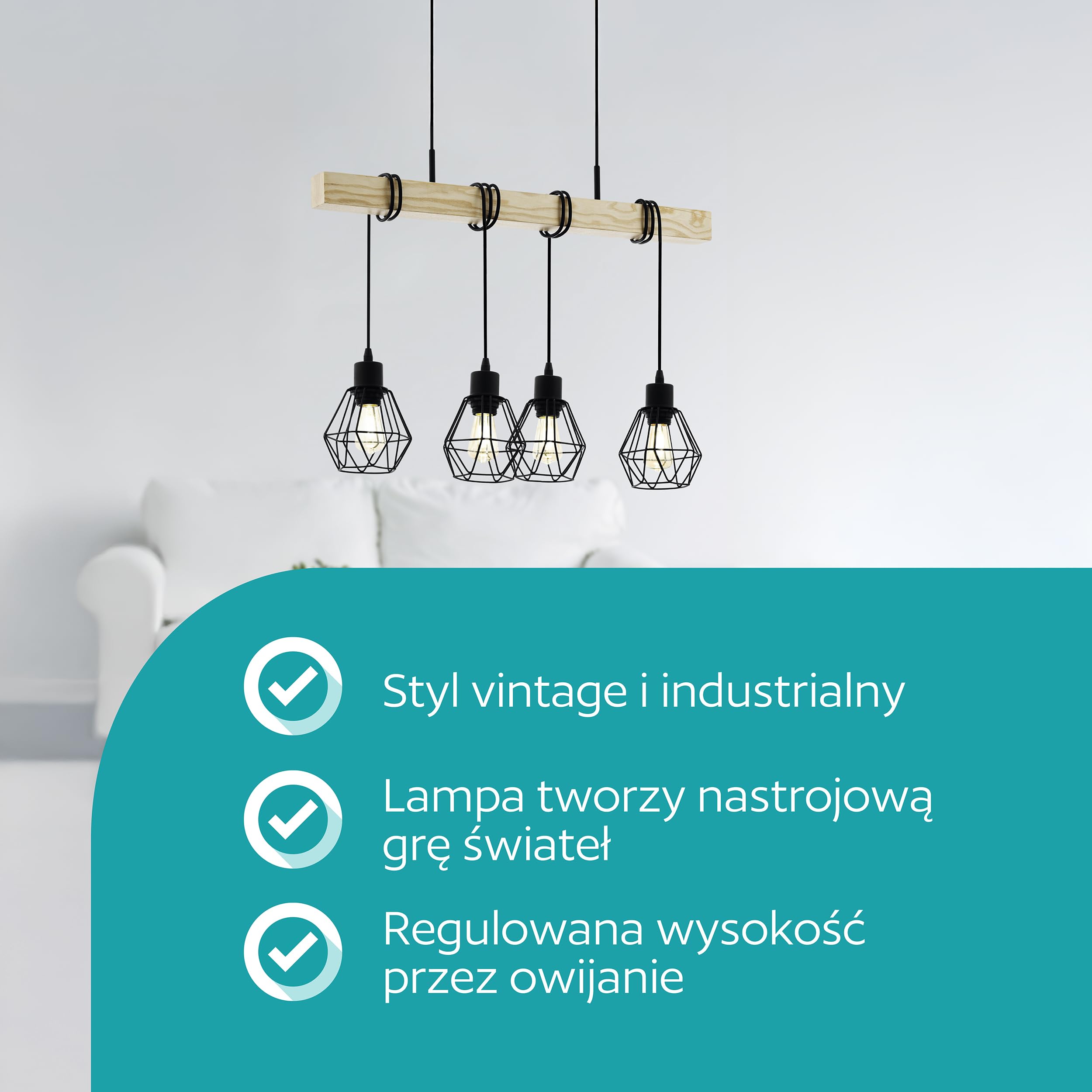 EGLO Lampa Wisząca Townshend 5 - 4-Światłowa Vintage w Stylu Industrialnym, Retro Wykonana ze Stali i Drewna, Czarna, Brązowa, Certyfikat FSC, E27