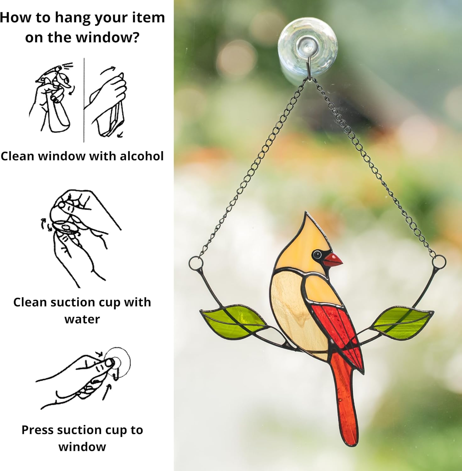 Red Northern Cardinal Birds Stained Glass Suncatcher Genuine Stained Glass Window Hangings Unique Indoor Ornament & Outdoor Decor (Female Cardinal)