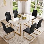 Modern Dining Table Set for 6, 55'' Dining Room Table Set with 6 Faux Leather Chairs, White Wood Tabletop with Gold Metal Legs, Suitable for Small Space