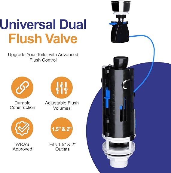 PlumbEZ Universal Dual Flush Valve for Toilet Flush System Replacement, WRAS Approved Adjustable Toilet Cistern Flush Parts, Fits 1 1/2 & 2 Outlet with Universal Push Button & Internal Overflow