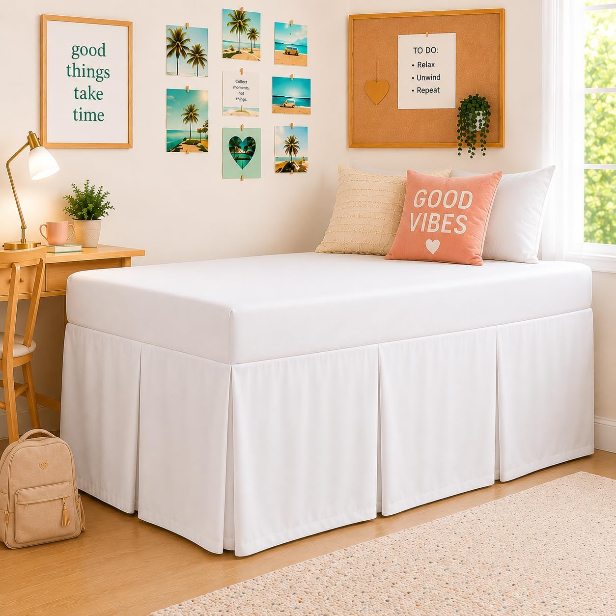 Pleated Dorm Bed Skirt Full XL 36 Inch Drop, Extra Long Bed Skirt for College Dorm Rooms, 100% Microfiber Dust Bedskirt with Split Corners, White