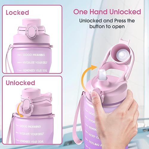 Miniatura 4 de Y&3 Botella de agua de medio galón de 64 onzas con popote y marcador de tiempo, botella de agua motivacional con asa, a prueba de fugas, jarra de