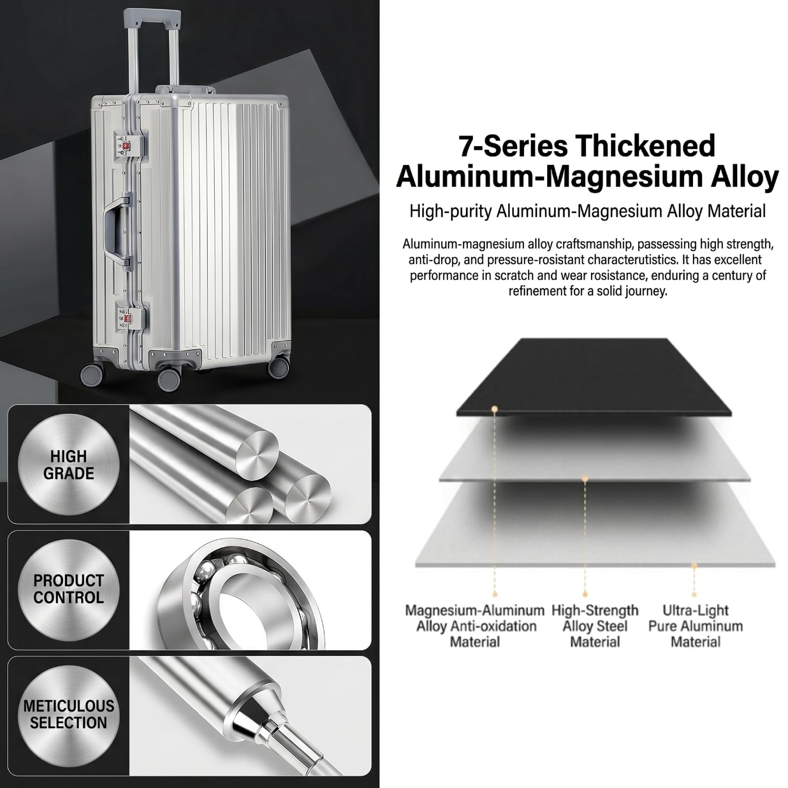 Tutte le valigie in alluminio da 50,8 cm bagaglio a mano valigia rigida valigia trolley da cabina imbarcabile bagagli con serrature TSA Ruote girevoli silenziose, Argento, 51 cm