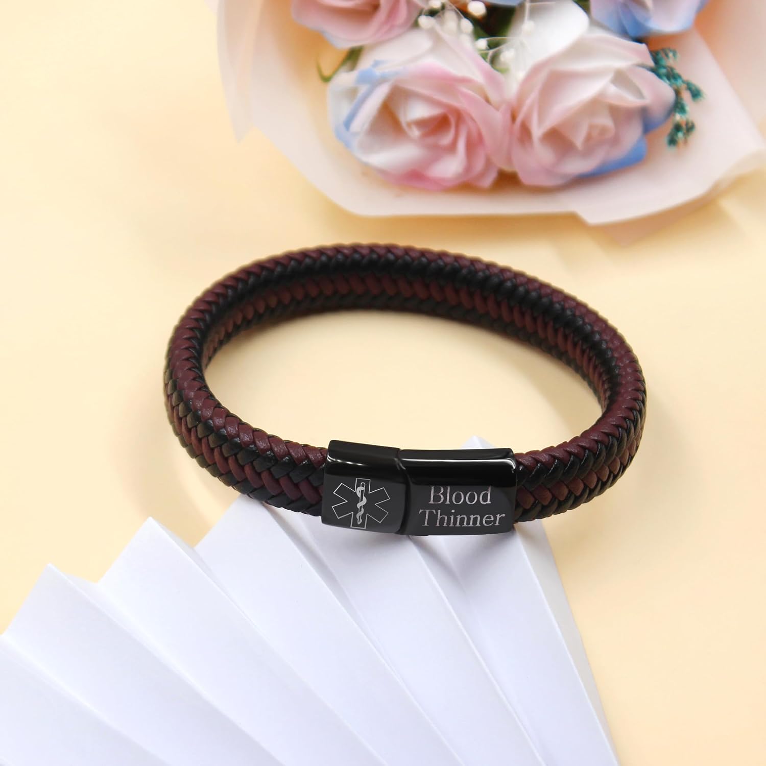 Medical Alert Cuff Bracelet for Men and Women, Black Stainless Steel Clasp Emergency ID Wristband, PU Leather Health Information Band YA5551
