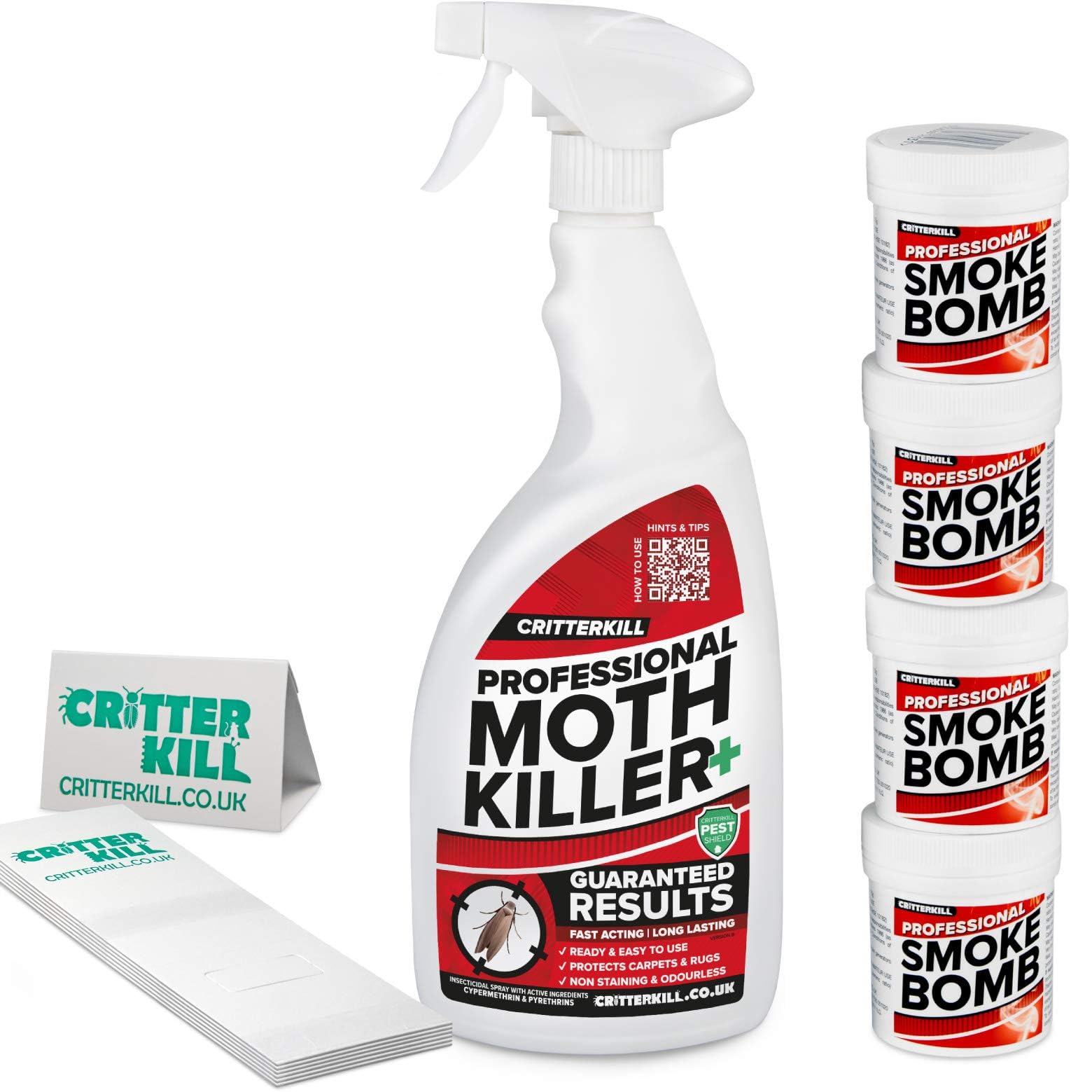 CritterKill Moth Killer Kit - For Low Level Home Infestation - Moth Spray + Smoke Bombs + Insect Traps (1L Spray / 4x16g Bombs / 6 Traps)