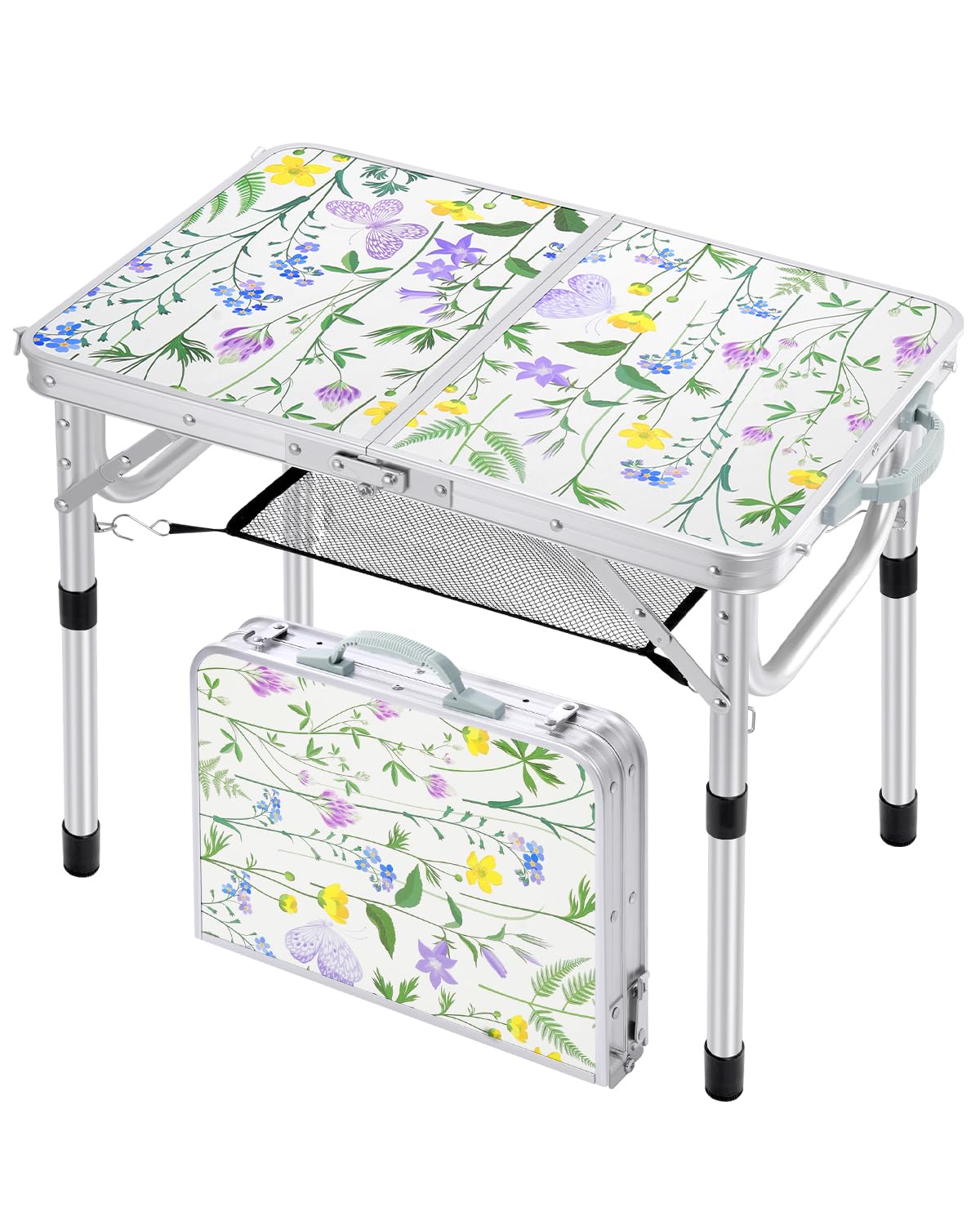 Sportneer Tavolino da Campeggio Pieghevole, Regolabile in Altezza, 60×40 cm, Portatile con Ripiano in Rete, 2 Altezze, Tavolo da Esterno per Picnic e Spiaggia, Bianco