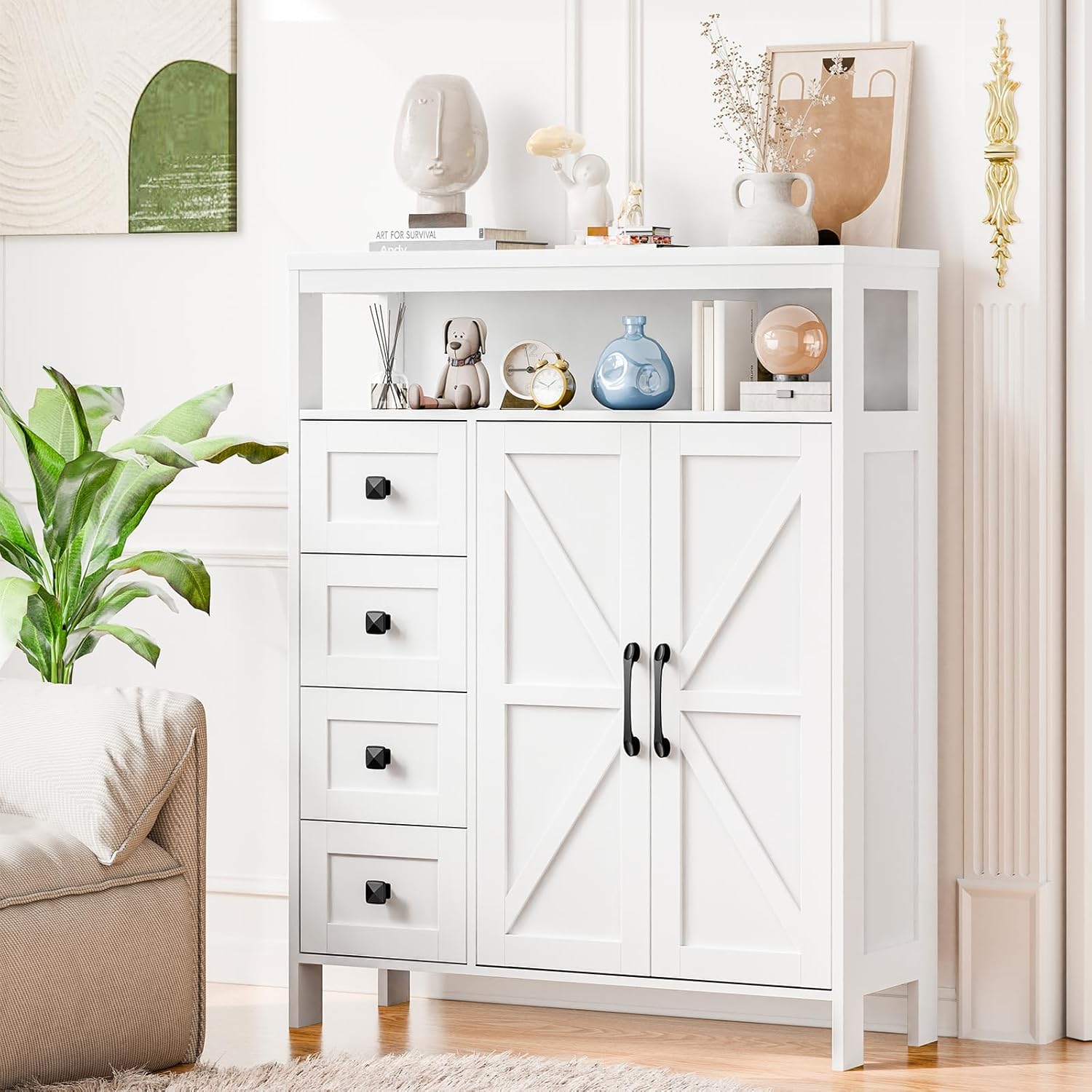 Farmhouse Storage Cabinet with 2 Doors and 4 Drawers, Freestanding Bathroom Cabinets Kitchen Pantry, Floor Storage Cabinet Hutch Cupboard for Kitchen/Living Room/Bathroom （White）