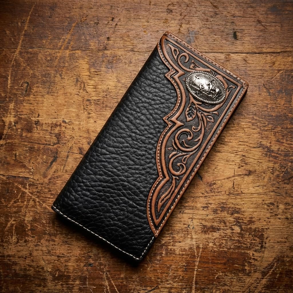 Men's Long Leather Wallet – Western Tooled Bifold Checkbook Organizer with Cowboy Concho (Cowboy Praying, Brown)