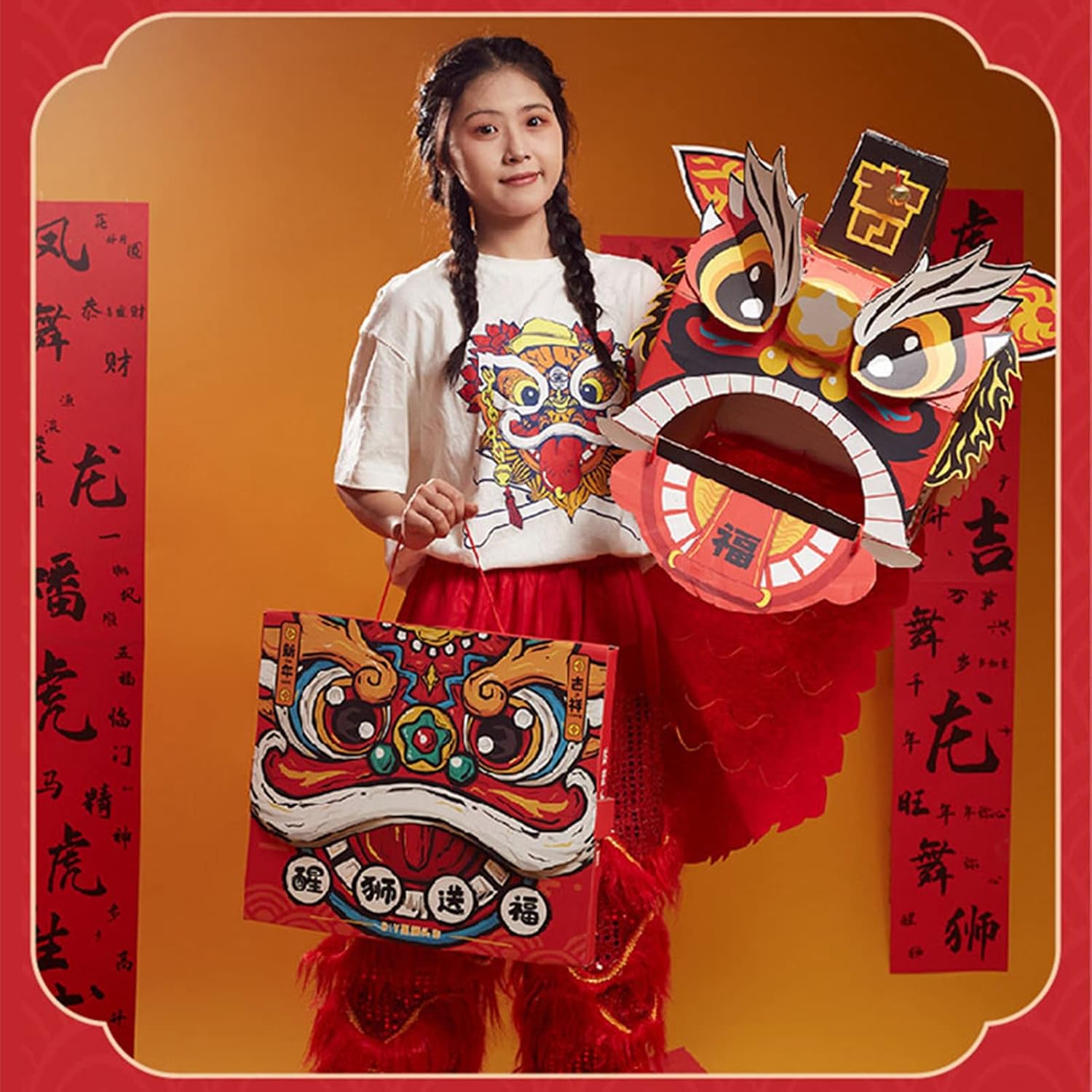 Naroote Chinese Lion Dance Head, Kids Chinese Lion Dance Head Cute Style Interesting Educational DIY Assembly for Christmas (Red)