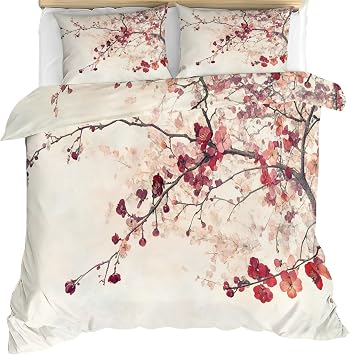 Japanese Flower Comforter Set Full, Cherry Blossom Bedding Set, Retro Floral Red Duvet Cover, 2 Pillow Cases, Zipper & Ties, Reversible Print Bedding Set & Home Decor