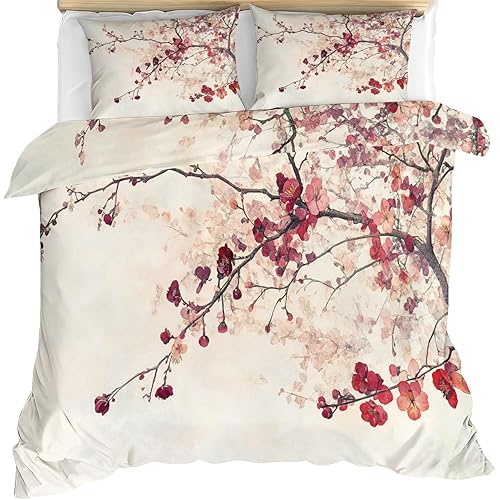 GKPLY Japanese Flower Comforters Queen Size, Cherry Blossom Bedding Sets, Retro Floral Red Duvet Cover, Zipper Closure, 2 Pillowcases, Reversible Print Bedding & Bedroom Decor