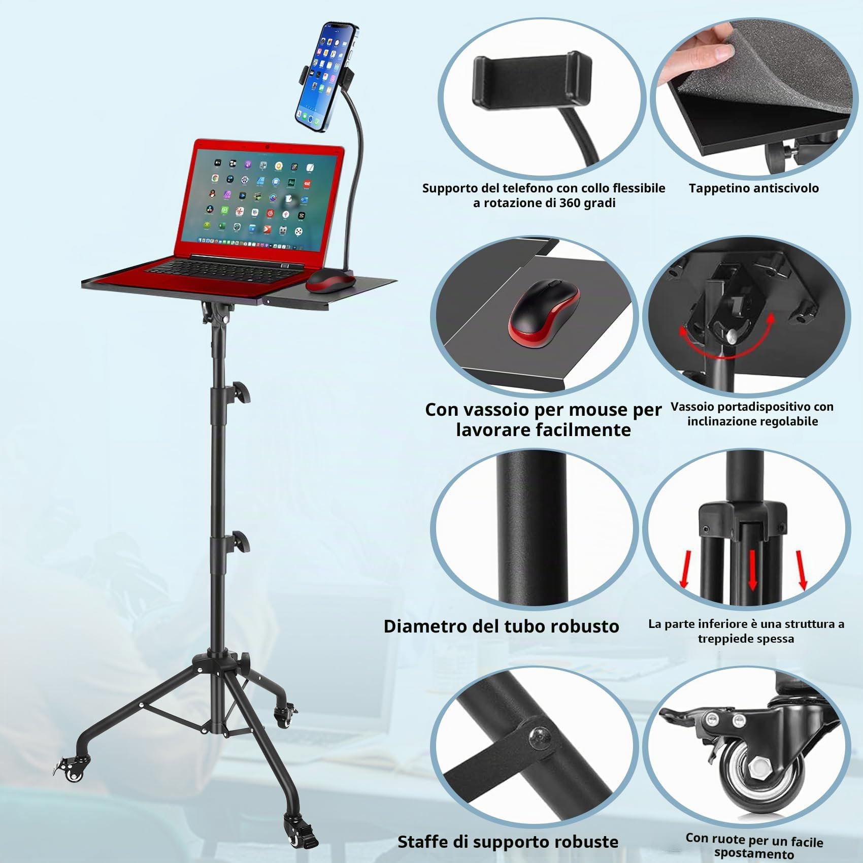 GlobalCrown Supporto Proiettore da Terra Regolabile in altezza (66-160 cm),Treppiede per Proiettore portatile Laptop con Vassoio per mouse e supporto per Telefono,Treppiede rotante con ruote
