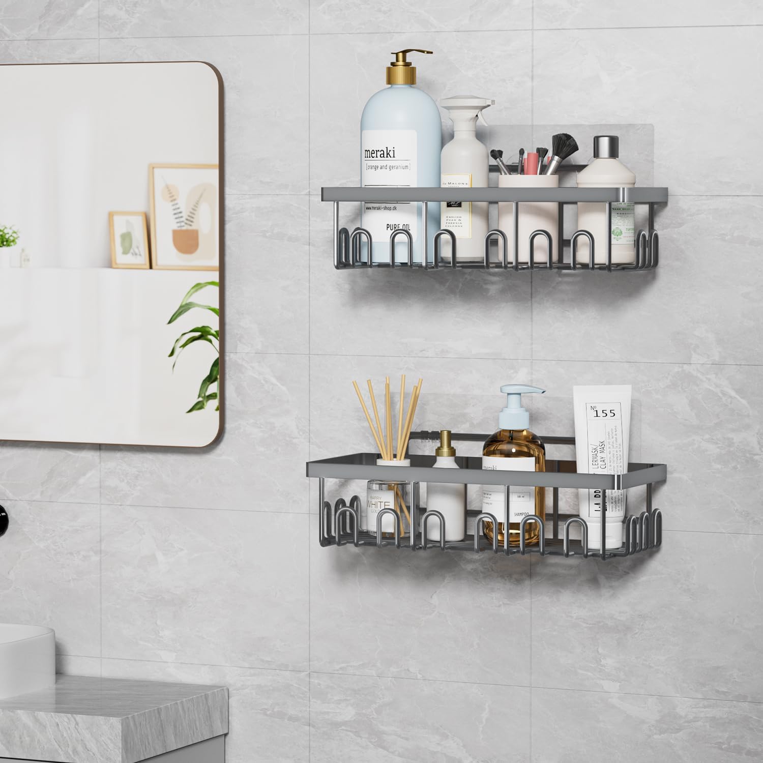 5-Pack Adhesive Shower Caddy, Rustproof Stainless Steel Organizer for Bathroom Storage with Large Capacity, No Drilling Bathroom Caddy with Soap Toothbrush Holder for Kitchen Home Grey