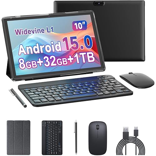 10 inch Tablet 2 in 1 Android 15 Tablets with Keyboard, 10" Tabletas Include Mouse Keyboard Stylus Case, 6000mAh 8GB RAM 32GB ROM Support 1TB Expandable Tableta Dual Camera 5G WiFi-6 Bluetooth Tablet