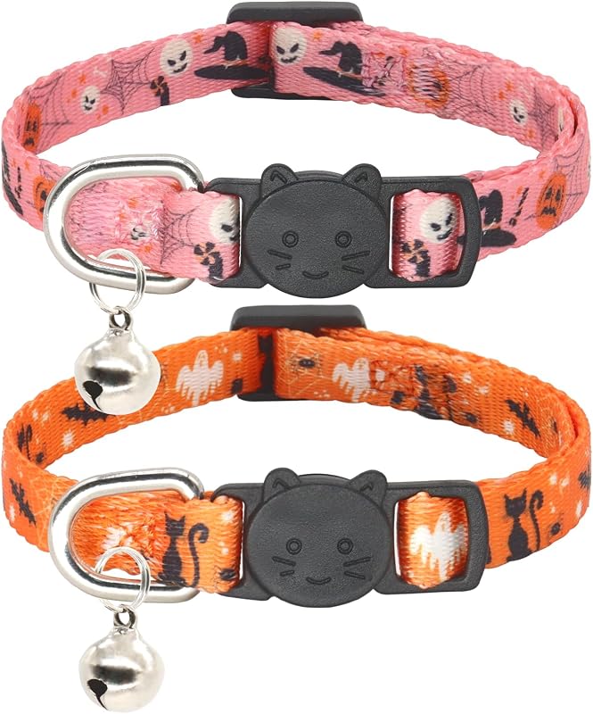 Coleira para Gatos com Fivela Breakaway, Guizo e Estampa de Halloween Giecooh, Pacote com 2