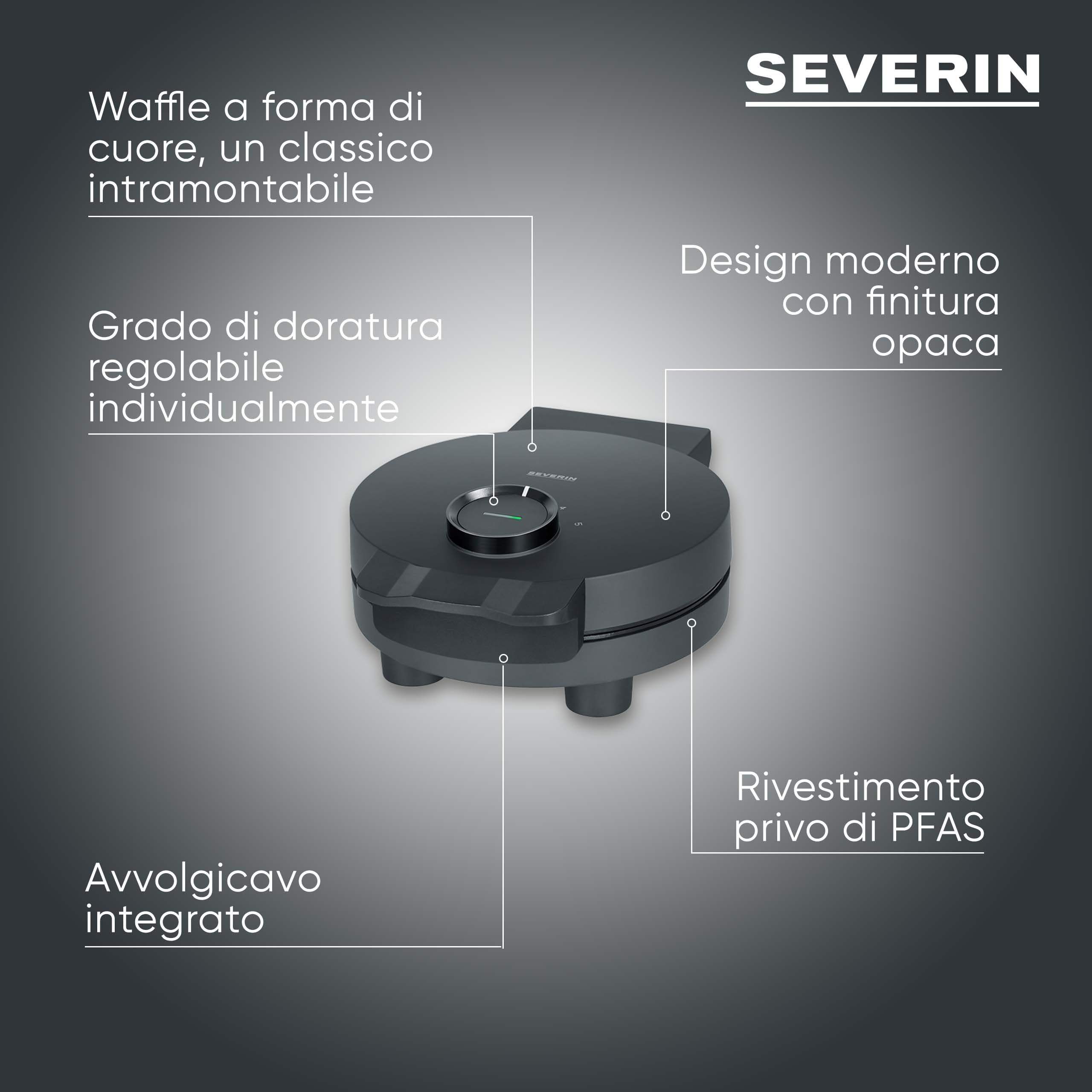 SEVERIN WA 2117 - Piastra per waffle Black Line, a forma di cuore, con spia di controllo, pratico avvolgicavo, 1000 Watt, nero/acciaio inossidabile, WA 2117