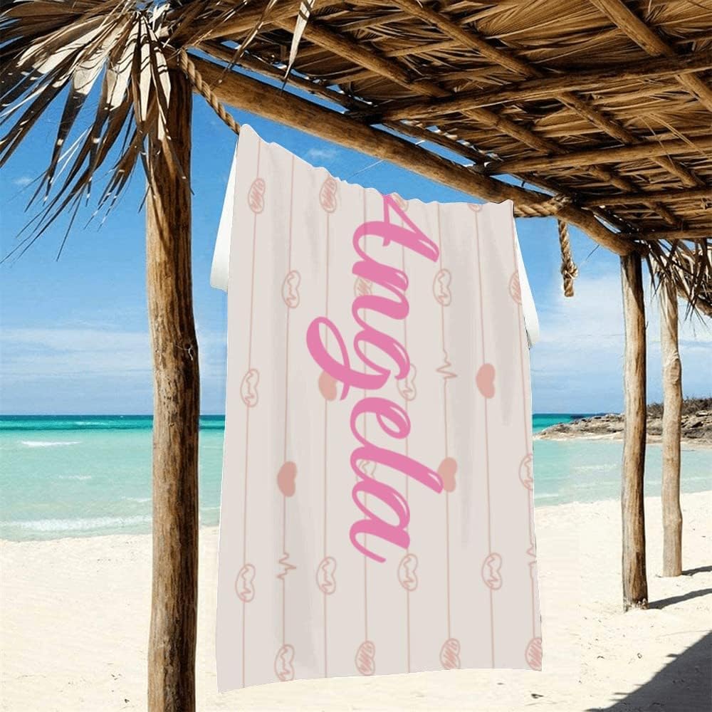 Love Hearts Beach Towel Personalized Custom with Their Own Name Soft Absorbent Microfiber Customized Bath Towel for Kid Women Couples (Option 1)