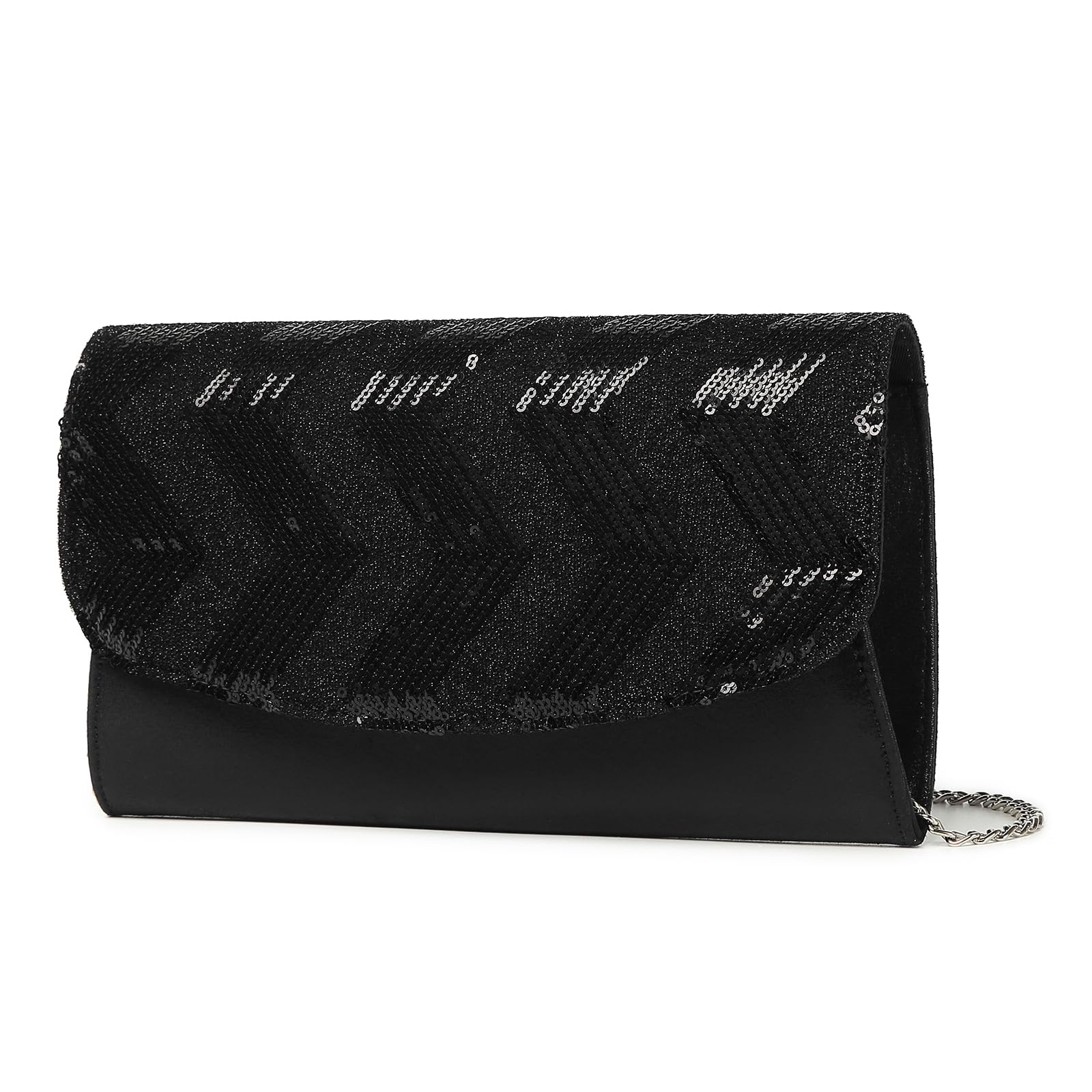 Miss Lulu Women's Clutches Evening Bag Clutch Bags for Women Handbag with Shining Sequins with Detachable Silver Chain for Party Prom Bridal Wedding (Black)
