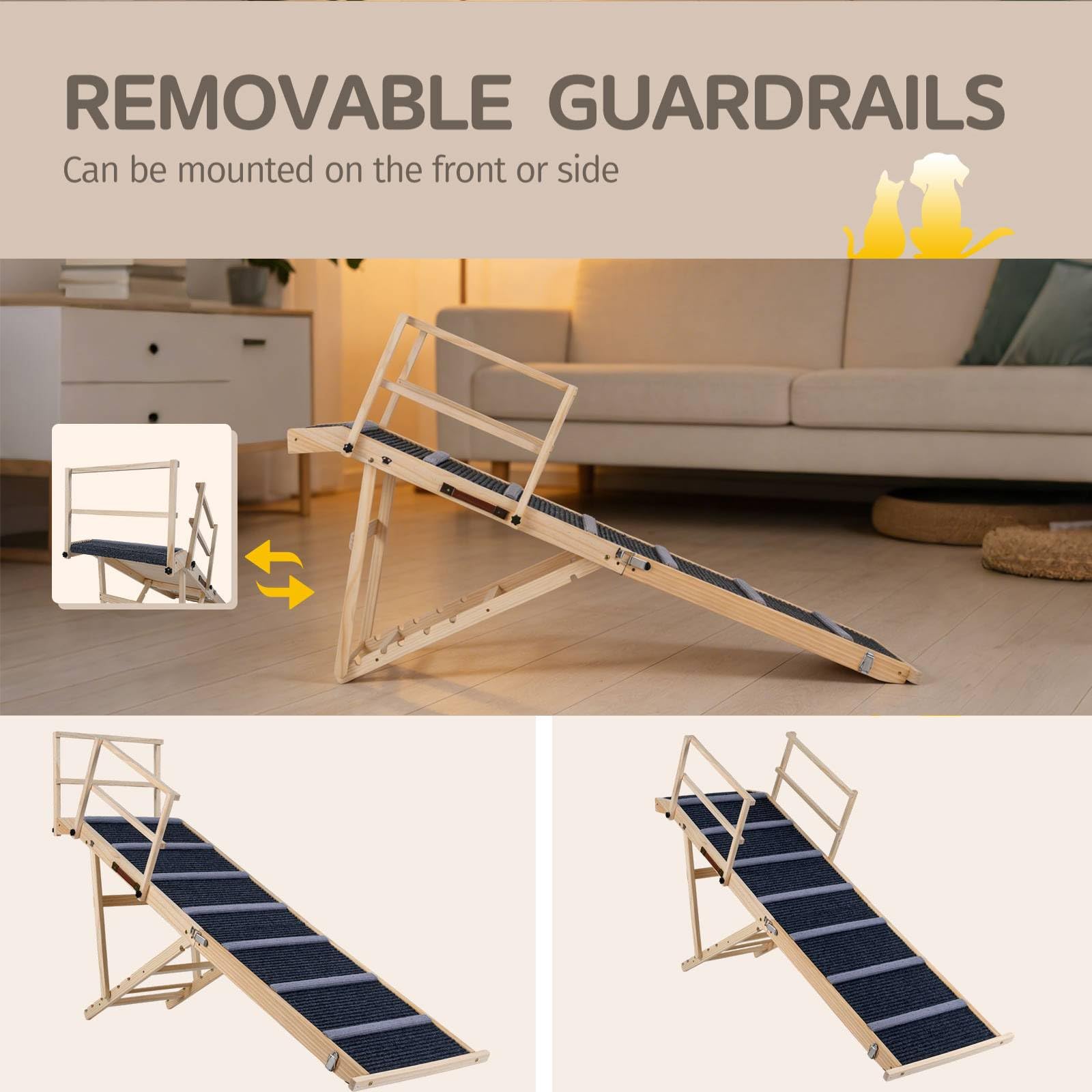 GYMAX Rampa pieghevole per cani, 150 cm di lunghezza, con altezza regolabile a 6 livelli, guide laterali rimovibili e tappeto antiscivolo, scala portatile in legno per cani per letto alto, divano e