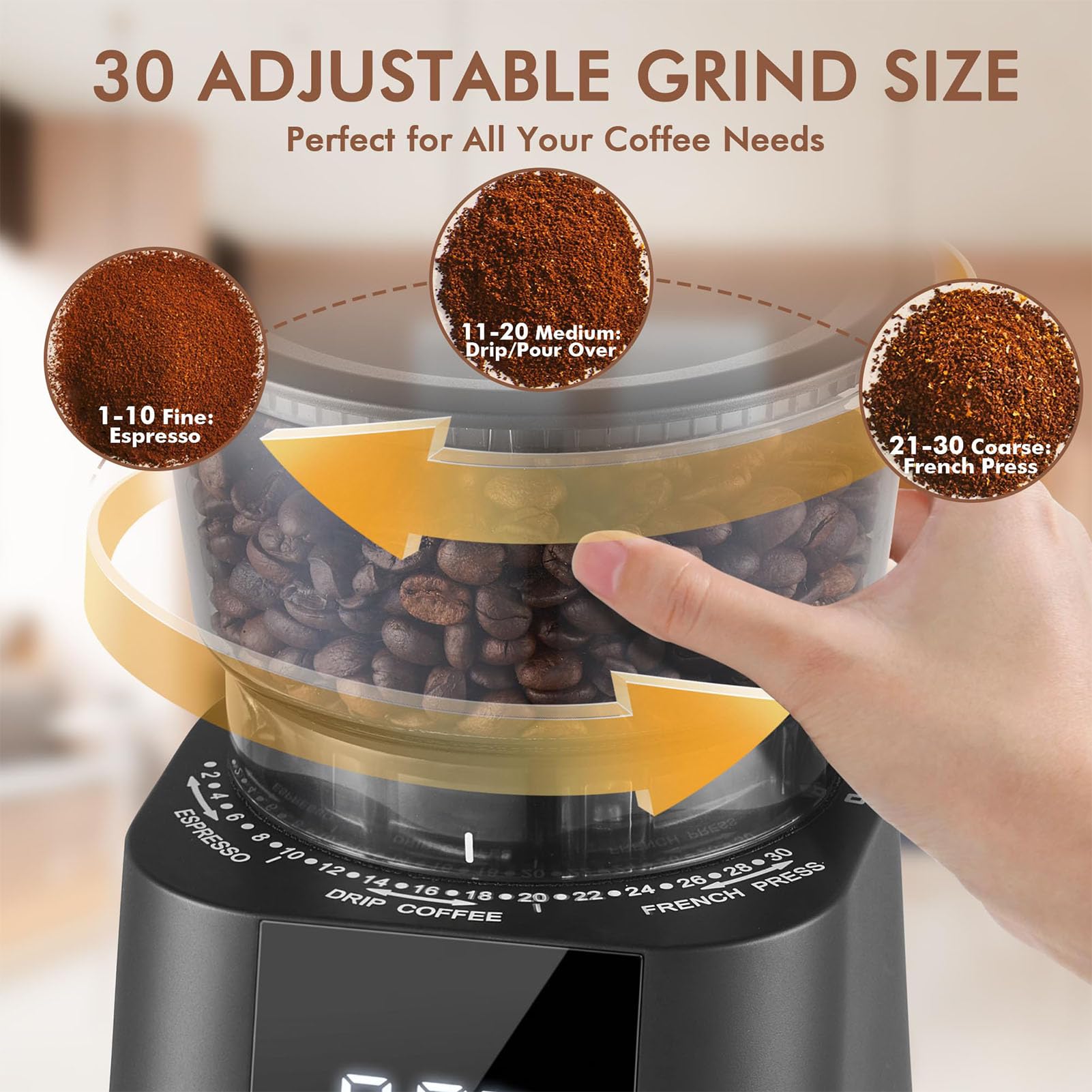 Molinillo De Café Eléctrico, Molinillo Automático De Muelas Cónicas 350-450 | Pantalla Táctil, 30 Niveles de Grosor de Molienda, Dispositivo Antiestático, Capacidad de 130g para 2-12 Tazas, para Espresso