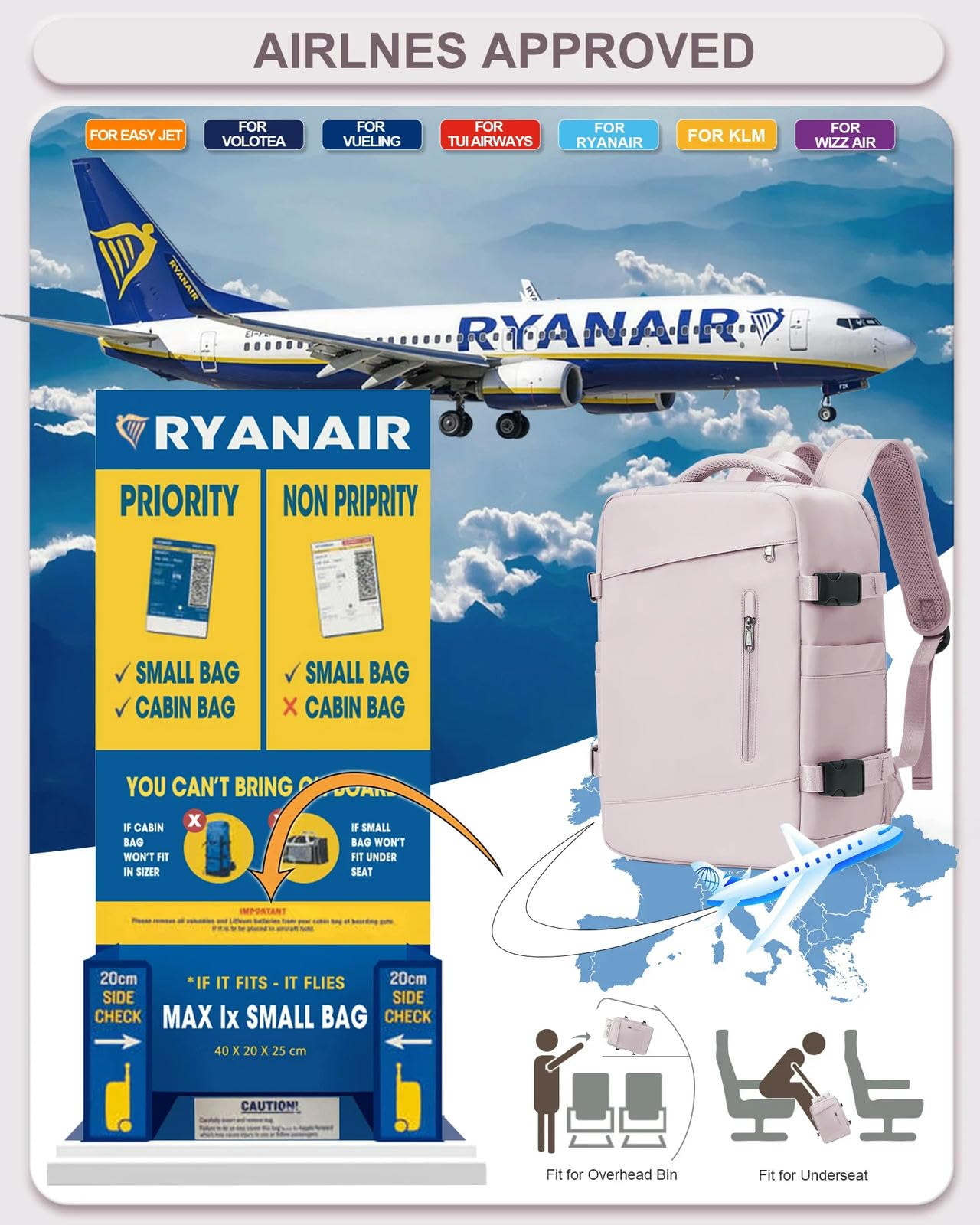 Plecak kabinowy 40 x 20 x 25 dla kobiet, bagaż ręka samolotu Wizz Air podróże służbowe szkoła przenośny podróżny walizka do drzwi - szary