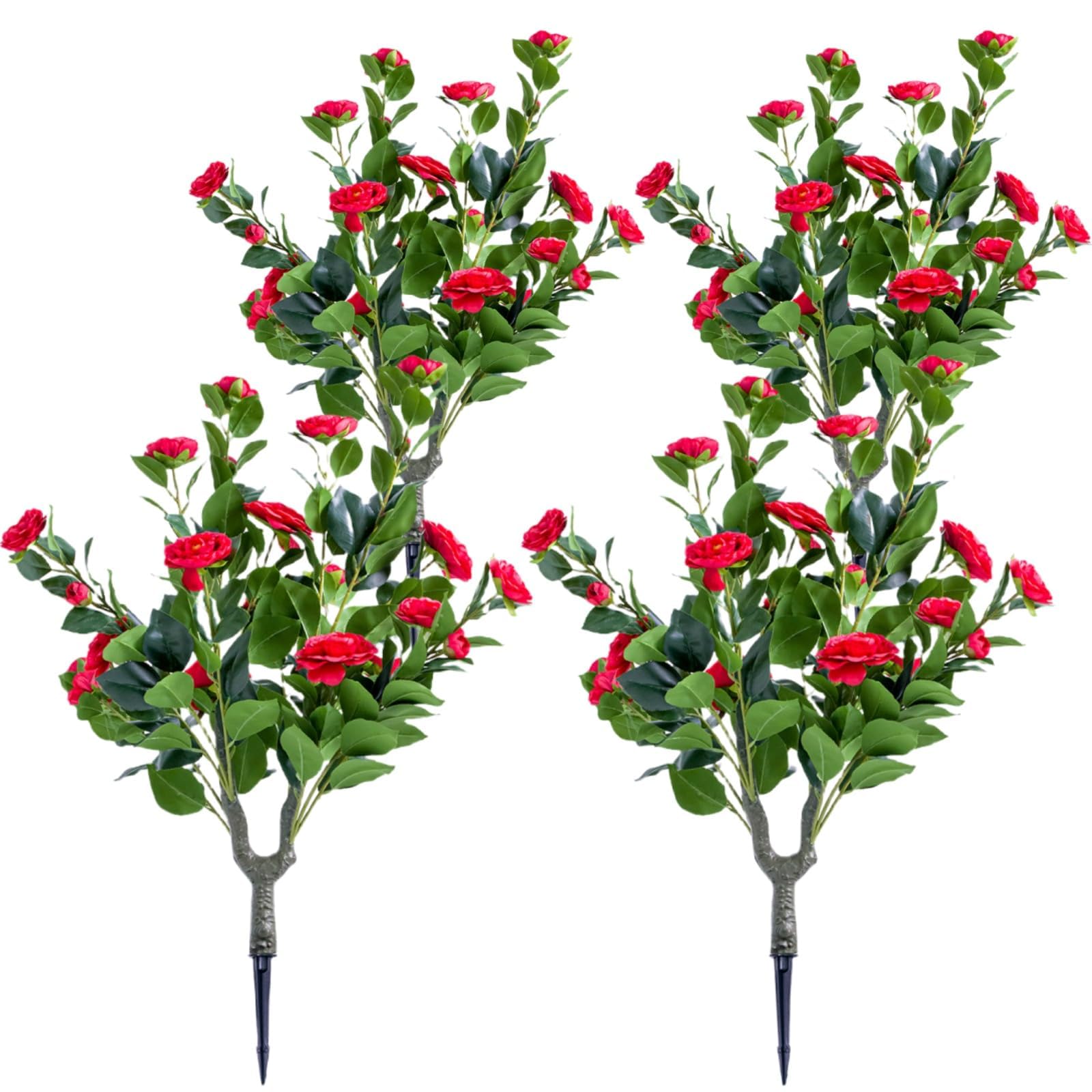 Aptliton 4 Pack-Red Camellia Artificial Topiary Ball Trees Set Of 4 With Red Camellia Flowers – 35.4" Pe Fake Plants, Ground Spike & Metal Stakes, Home Garden Decor, 4 Red Flowers, 90X40cm