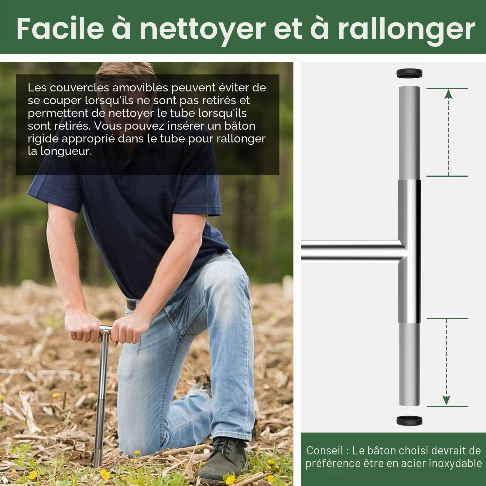 Housolution Sondes pour Échantillons de Sol, 35 cm Outil d'Échantillonnage de Sol en Acier Inoxydable avec 5 Sacs d'Échantillons, Kit de Test de Sol à Poignée en T pour Pelouse Ferme Jardin, Argent