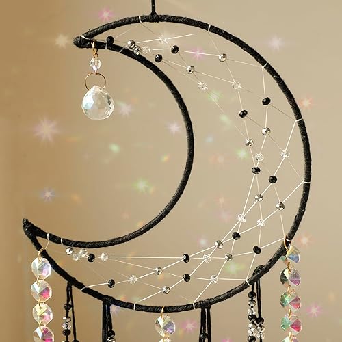 Miniatura 7 de Artilady Atrapasueños de macramé  Atrapasueños de luna grande con atrapasoles de cristal, macramé bohemio para colgar en la pared, atrapasueños de