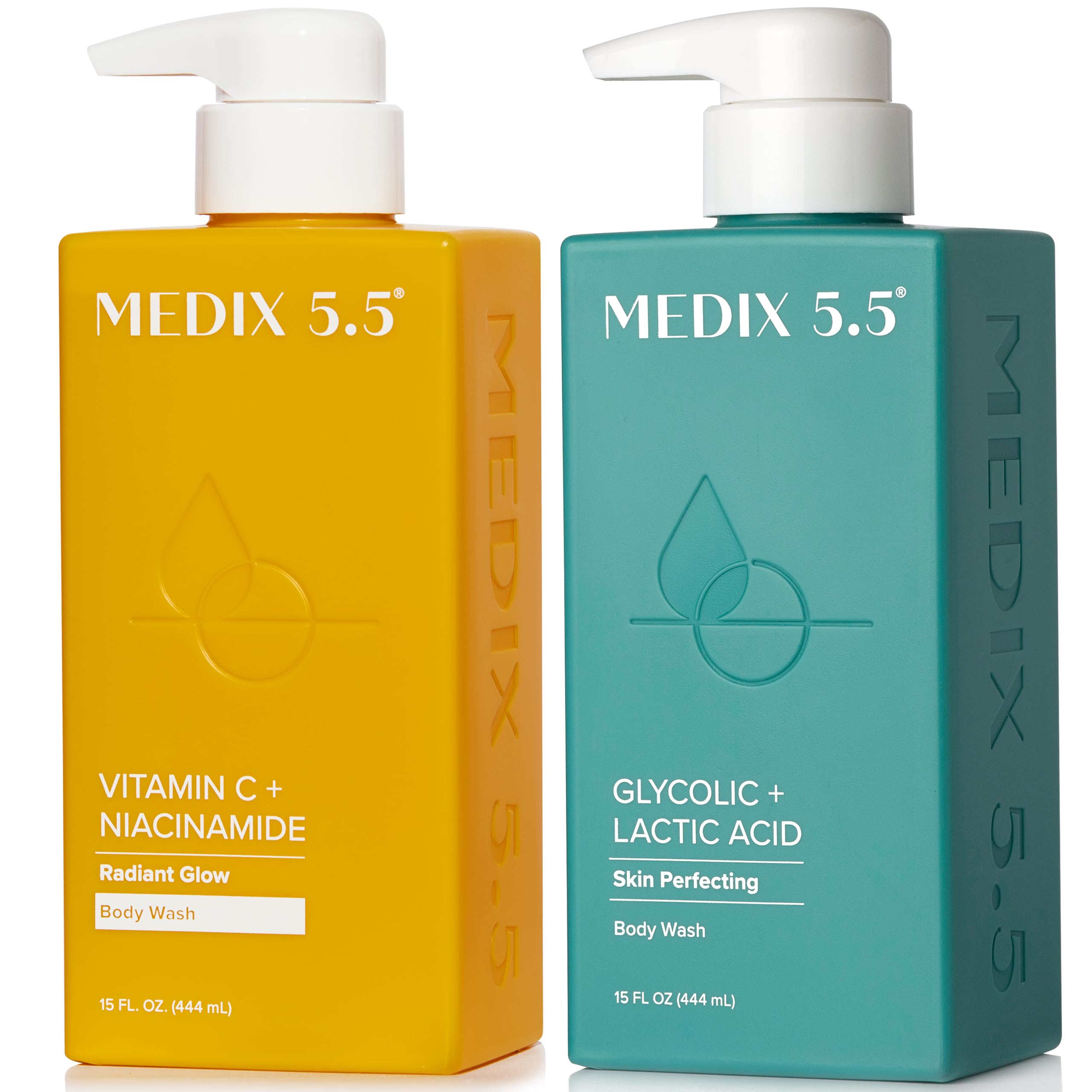 MEDIX Glycolic Acid + Lactic Acid Body Wash & Vitamin C Body Wash 2PC Skincare Bundle | Exfoliating Face Cleanser For Women, Keratosis Pilaris, & Acne