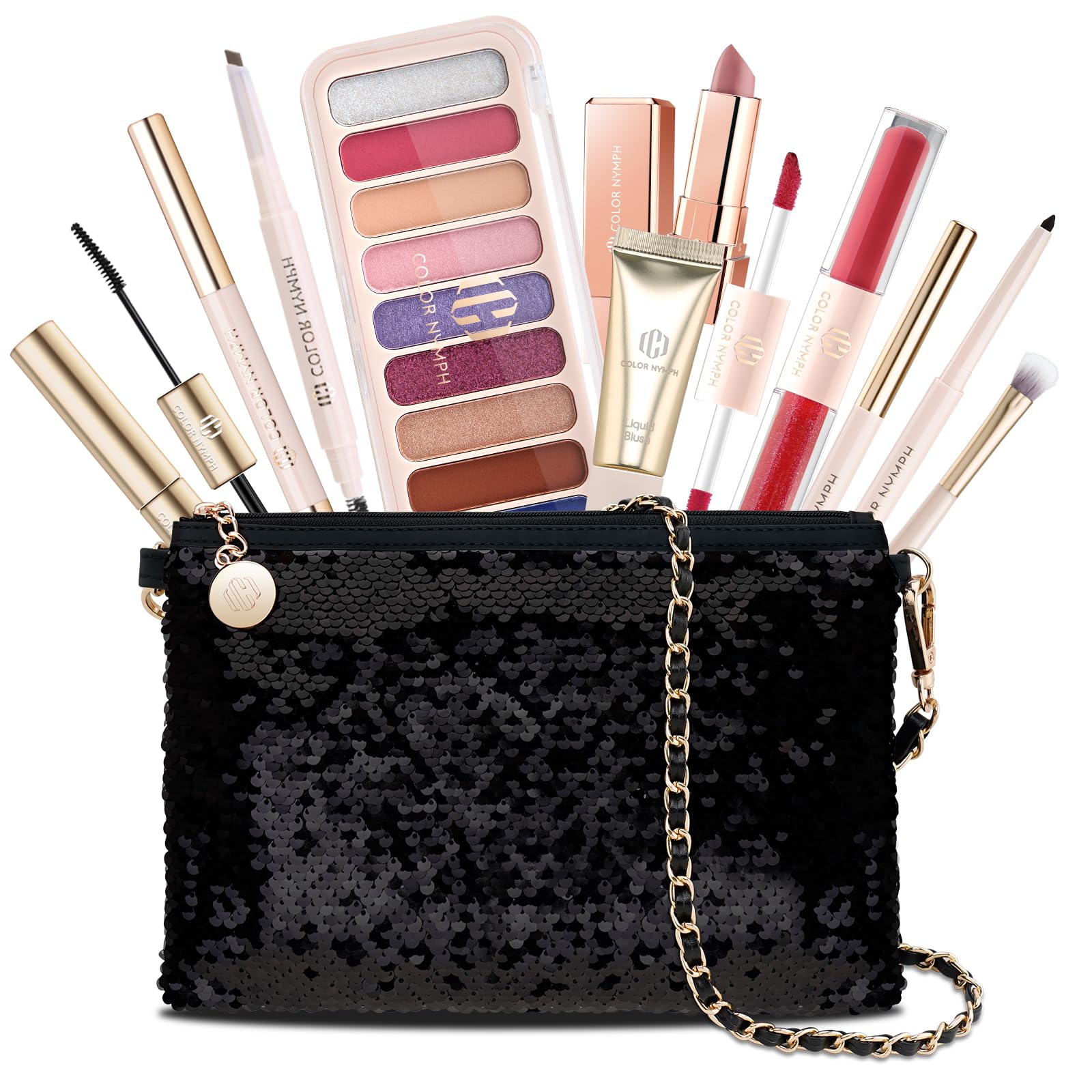 Color Nymph Teen Girls Makeup Kits, All In One Make up kit For Girls Makeup For Teen with Sequin Bag Packed Individually 9 Colors Eyeshadow Liquid Blush Lip gloss Mascara -Orange Green